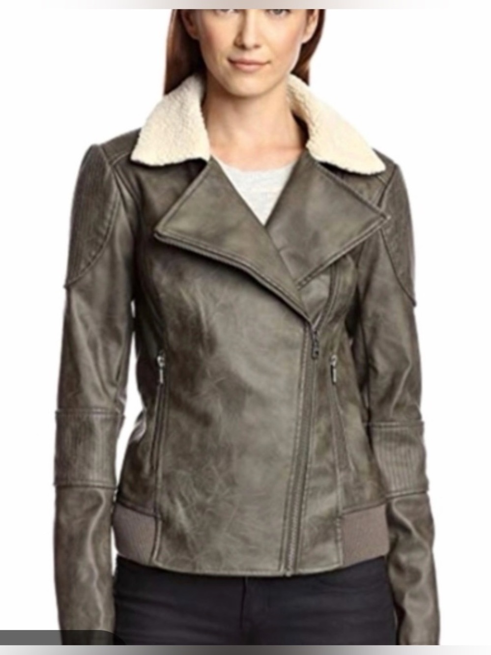 Sam Edelman Women’s Olive Faux-Leather Moto Jacket with Sherpa Collar